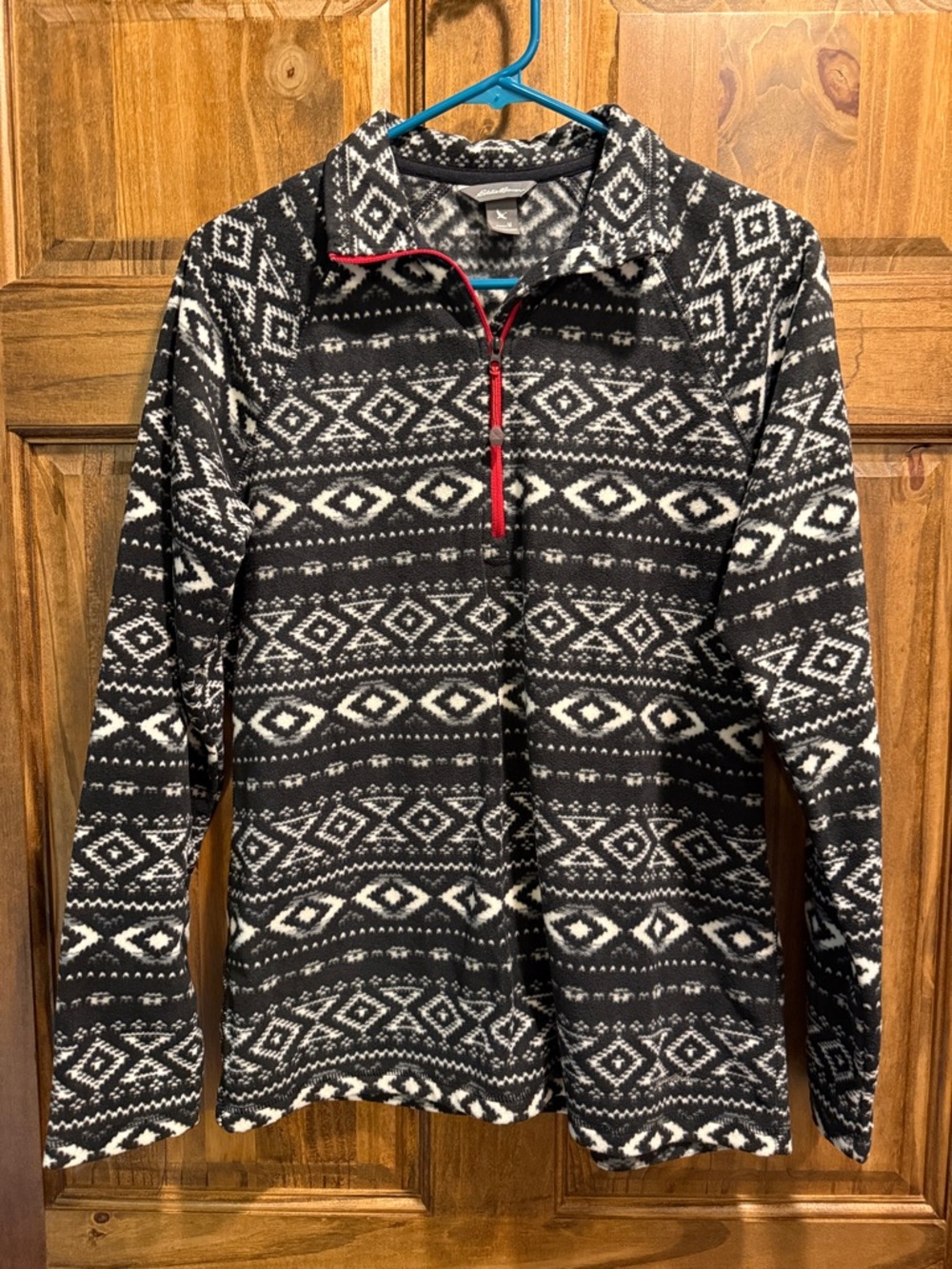 Eddie Bauer Black & White Patterned Half-Zip Sweater with Red Trim